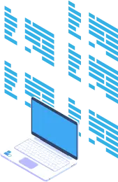 illustration of a laptop with blue blocks of code floating vertically above the screen.