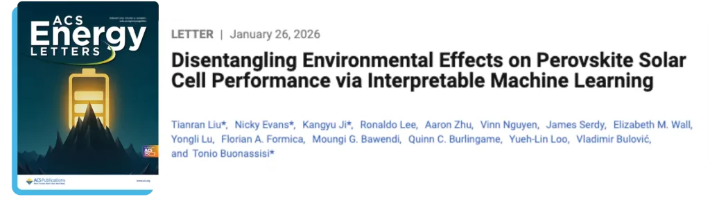 ACS Energy Letters publication banner: "Disentangling Environmental Effects on Perovskite Solar Cell Performance via Interpretable Machine Learning."