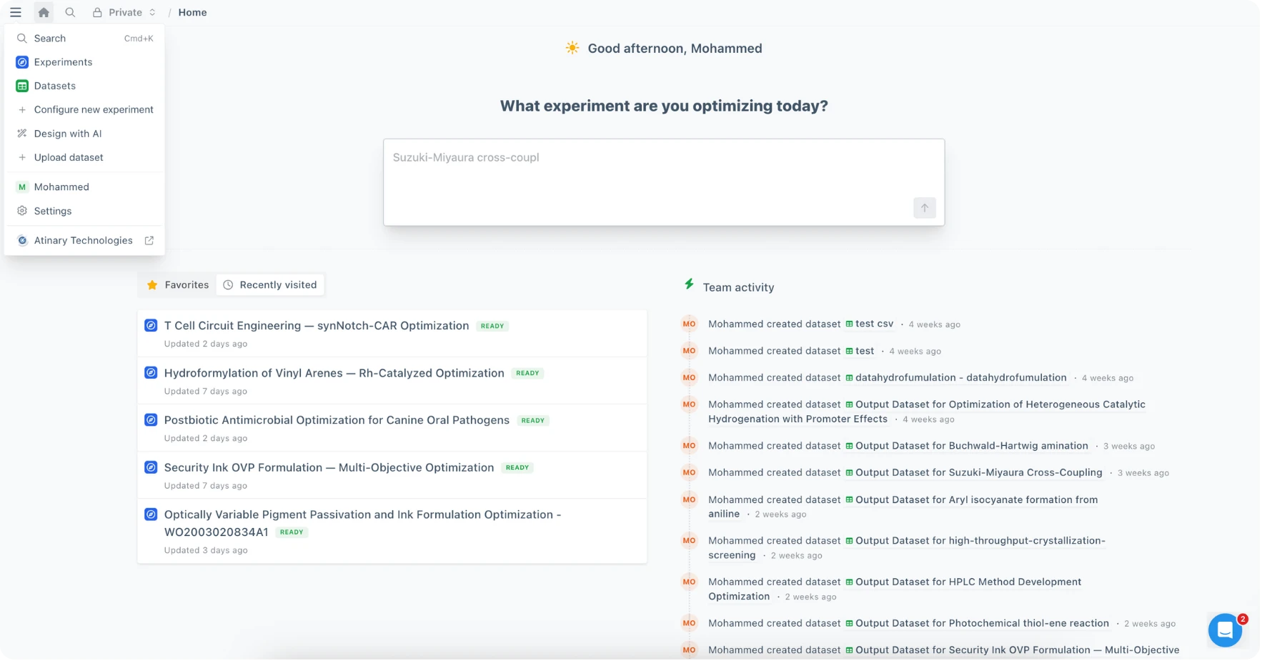 Web app dashboard for experiment optimization greets the user. Central search box asks what experiment to optimize. Left sidebar shows Experiments, Datasets, upload options. Main list shows recent projects with READY tags. Right pane shows team activity logs.