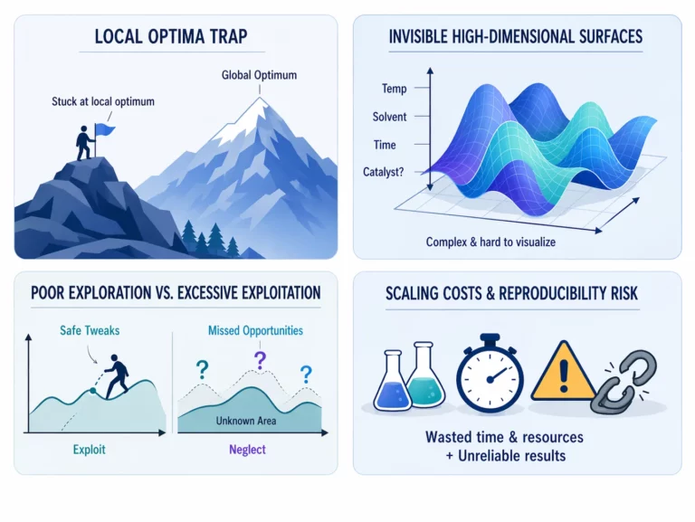 Infographic on optimization pitfalls: climber stuck at local optimum versus global peak; wavy high-dimensional surface with variables; exploration versus exploitation charts showing safe tweaks and neglected unknowns; icons of flasks, stopwatch, warning, broken chain signal costs and reproducibility risk.